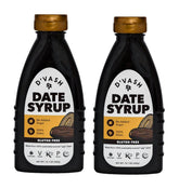 D'Vash Date Syrup bottle pour, natural sweetener for baking and toppings.