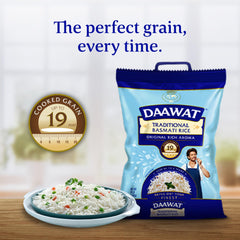 Daawat traditional basmati rice pilaf serving shows pearly grains that elevate sides.