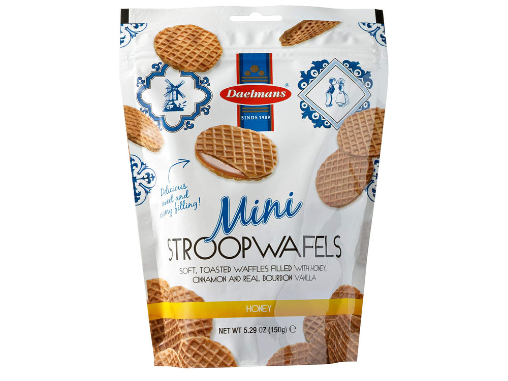 Daelmans mini honey stroopwafels in a resealable pouch for on-the-go snacking.
