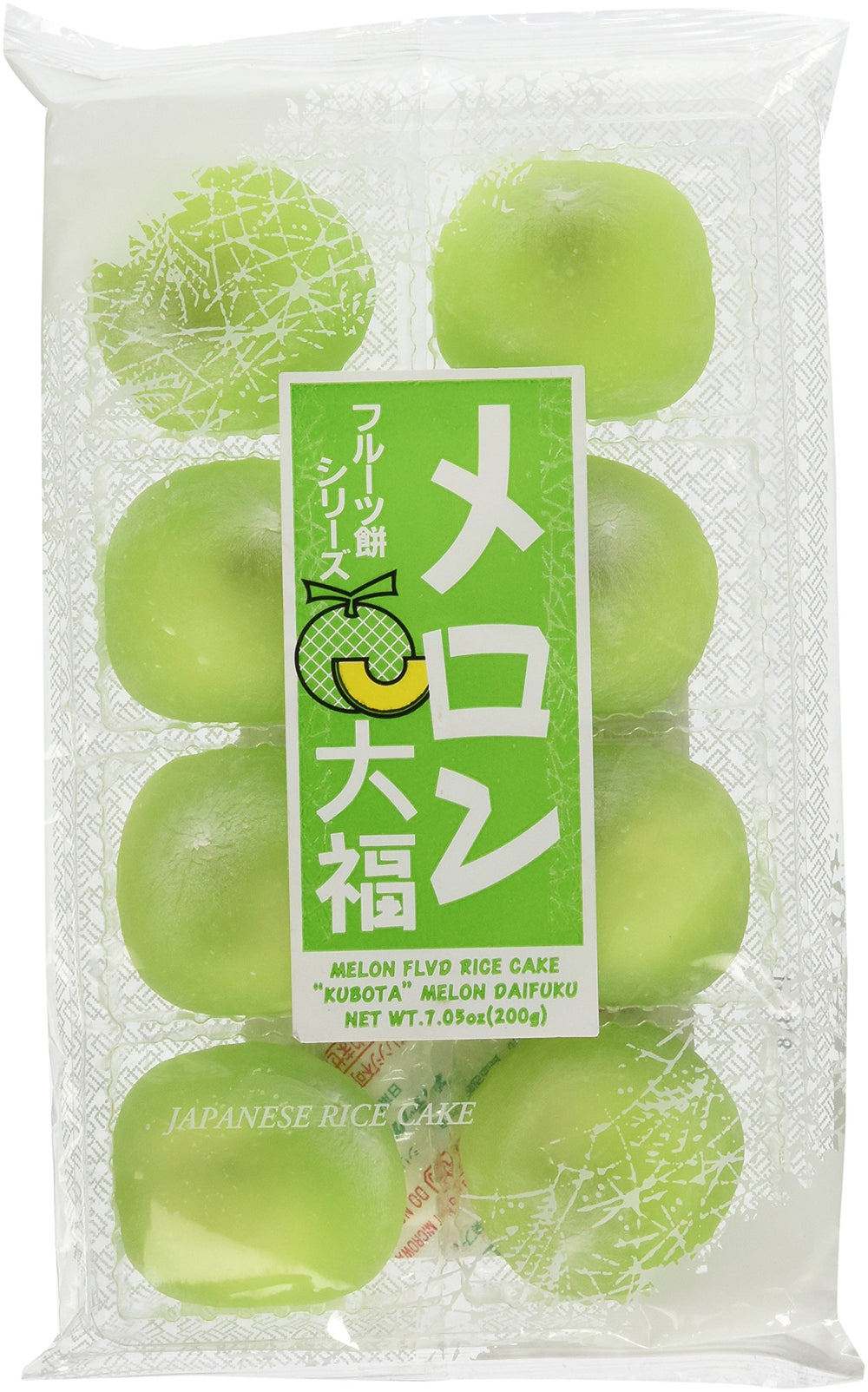 Daifuku Melon Flavor Mochi: soft green mochi with melon notes, ideal snack or dessert.