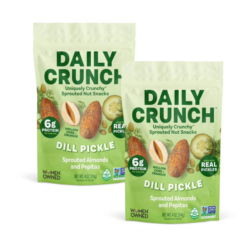 Daily Crunch sprouted almonds dill pickle pack for a protein-rich on-the-go snack.