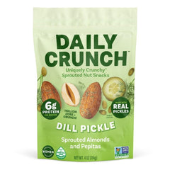 Daily Crunch sprouted dill pickle almonds closeup shows crunchy texture and savory flavor.