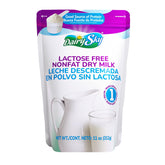 Dairysky lactose-free milk powder in 11 oz pack for lactose-intolerant households.
