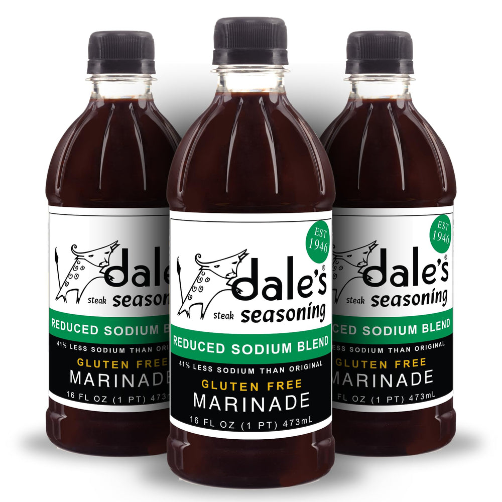 Dale's steak seasoning reduced-sodium bottle enhances savory flavor with less salt.