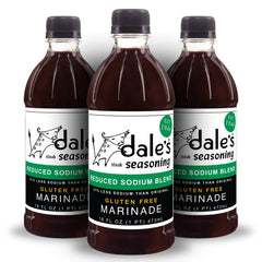 Dale's steak seasoning reduced-sodium bottle enhances savory flavor with less salt.