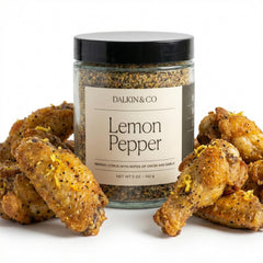 Dalkin & Co Lemon Pepper jar front, bright flavor and eco-friendly packaging.