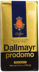 Dallmayr Ground Prodomo packaging eight-ounce close-up, highlighting premium quality.