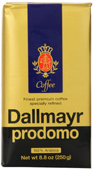 Dallmayr Prodomo ground coffee in triple vacuum pack for lasting freshness.