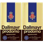 Dallmayr Prodomo two-pack ground coffee on kitchen shelf, ready to brew