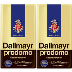 Dallmayr Prodomo two-pack ground coffee on kitchen shelf, ready to brew