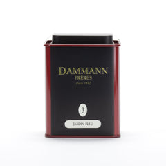 Dammann Frères Jardin Bleu tin display, crafted in Paris for premium flavor.