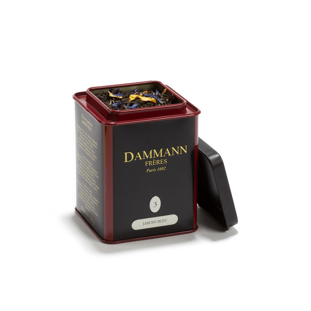 Dammann Frères Jardin Bleu loose tea leaves in tin, ideal for hot or iced infusions.