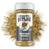 Dan-O's Outlaw Butter Steak Seasoning jar closeup highlighting rich butter flavor for steaks.