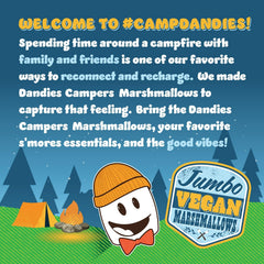 DANDIES Jumbo Campers campfire scene with toasted, gooey marshmallows.
