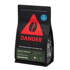 Danger Coffee Swiss Water decaf pack front highlights chemical-free flavor preservation