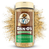 Dan-O's Cheesoning Seasoning bottle pour highlighting cheesy Italian flavor for pasta and popcorn.