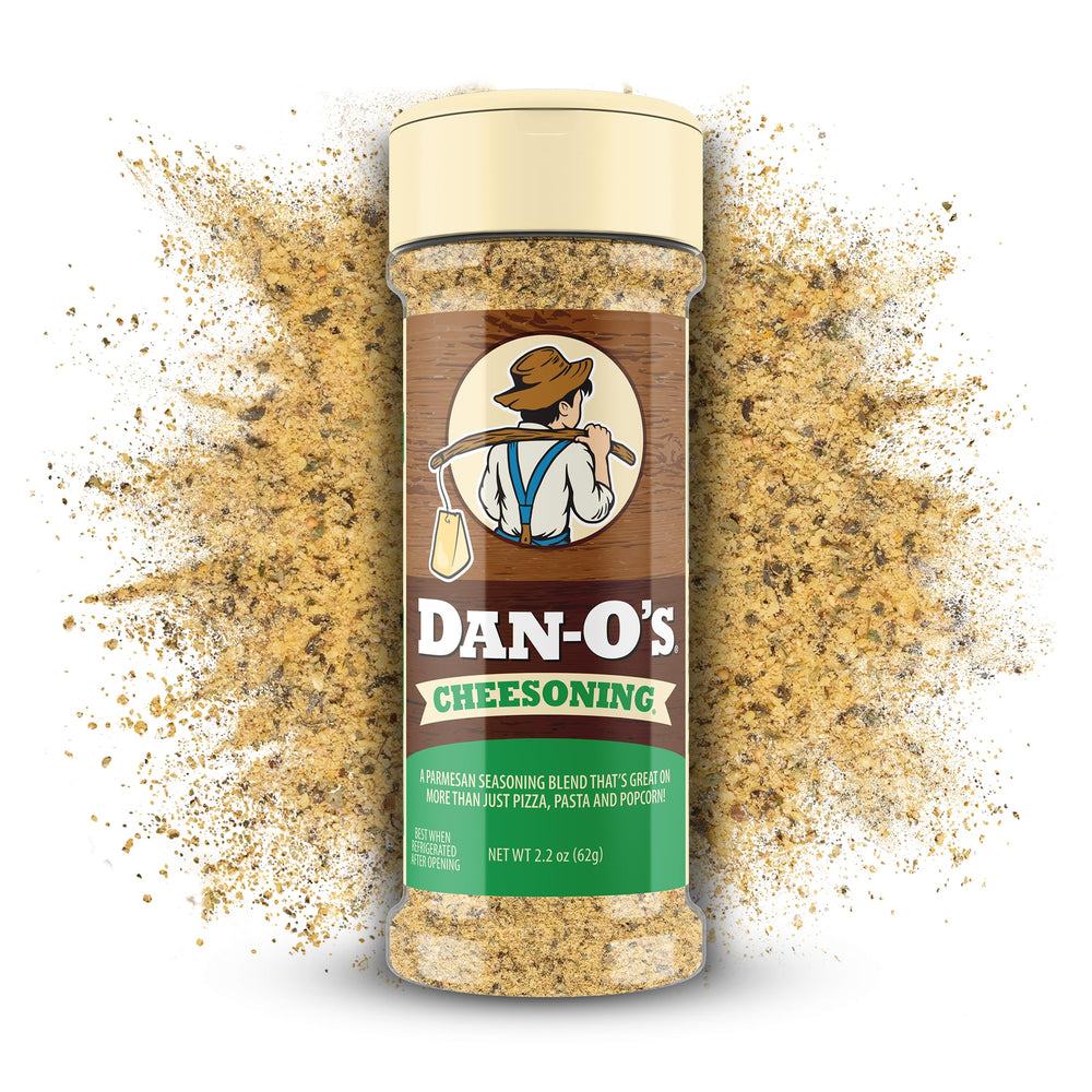 Dan-O's Cheesoning bottle adds bold parmesan flavor for pizza, chicken, and vegetables.