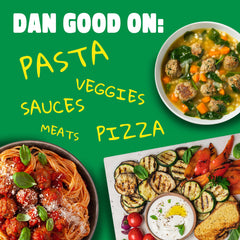 Pouring Dan-O's Italian-O over pasta for a quick finish
