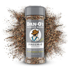 Dan-O's Preem-O Seasoning front view highlights bold peppery garlic flavor for meats