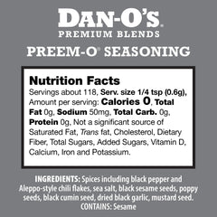 Dan-O's Preem-O Seasoning label close-up emphasizes kosher, sugar-free spice blend