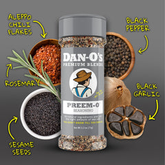 Pouring Dan-O's Preem-O Seasoning from the bottle for quick flavoring