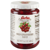 D'Arbo premium wild lingonberry sauce jar front showcases vibrant natural fruit flavor for versatile meals.