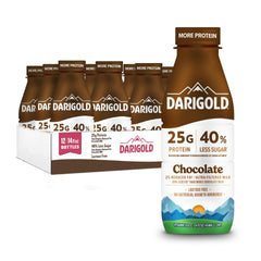 Darigold FIT high-protein milk bottle shows 25g protein per serving for active days.