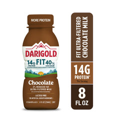 Nutritional panel on Darigold Fit shows 14g protein and 40% less sugar per serving.