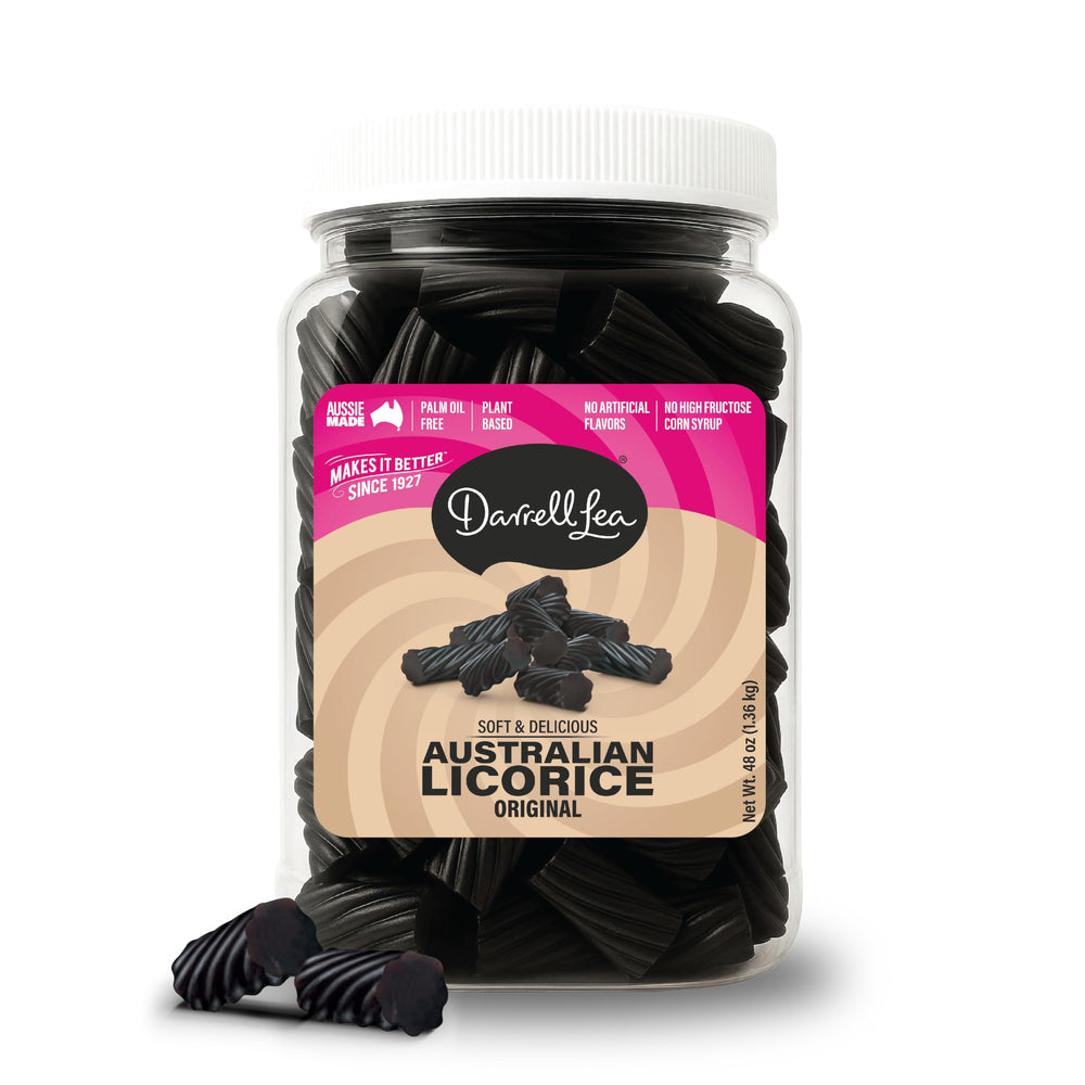 Darrell Lea bulk licorice original tub showing rich flavor, ideal for sharing.