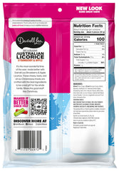 Close-up of strawberry-flavored licorice strands from Darrell Lea for snacking