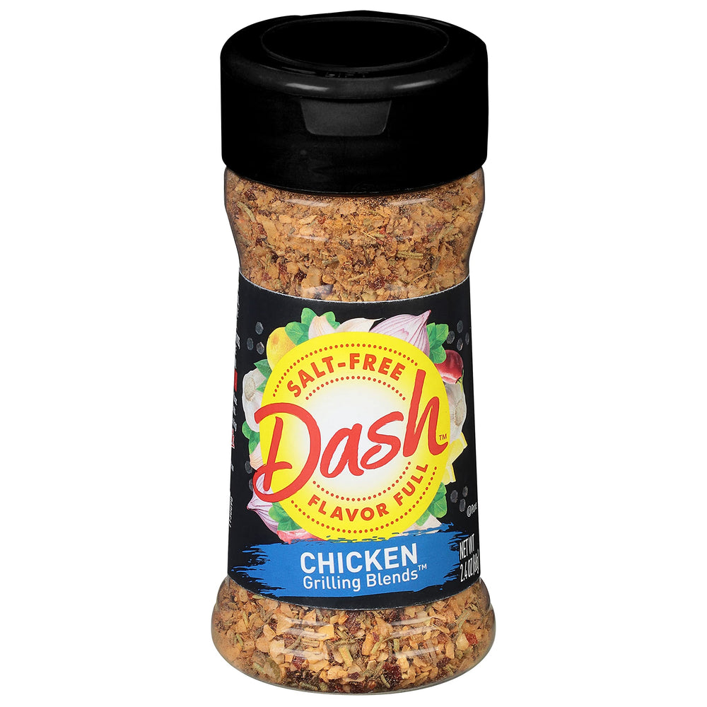Dash Salt-Free Grilling Blend bottle beside chicken, offering salt-free flavor.