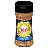 Dash Salt-Free Grilling Blend bottle beside chicken, offering salt-free flavor.