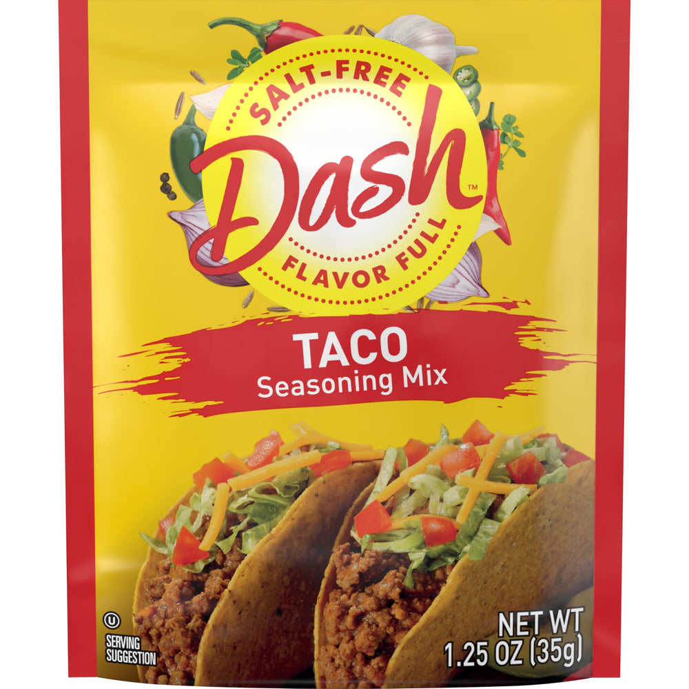 Dash salt-free taco seasoning pack for flavorful meals without added salt.