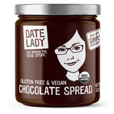 Date Lady chocolate date spread jar showing smooth organic cocoa flavor for dipping fruit