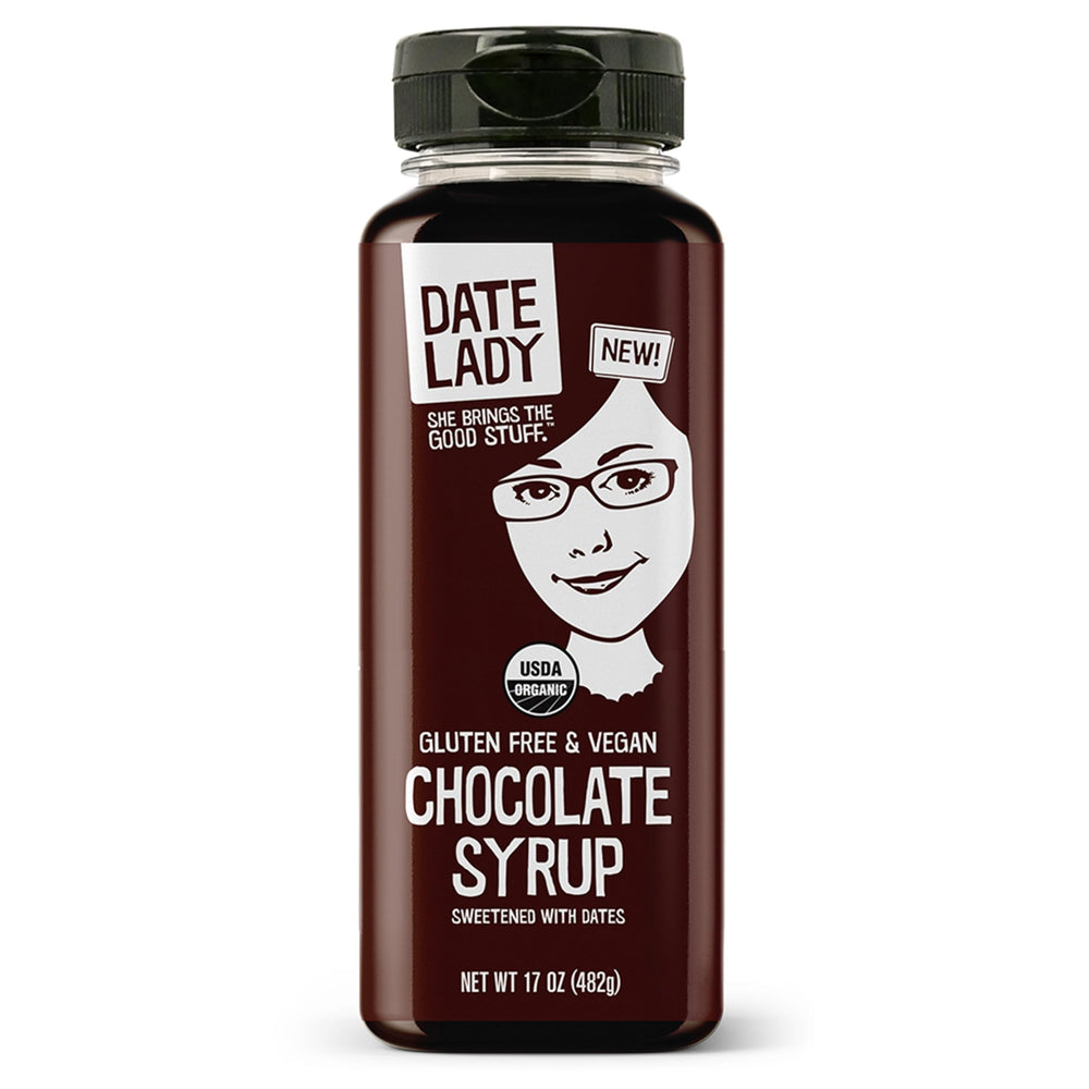 Date Lady Chocolate Syrup bottle pour showcases smooth, vegan drizzle.