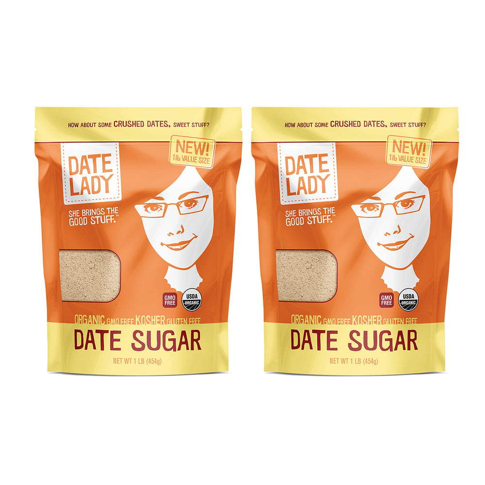 Date Lady Date Sugar bag front highlights organic, simple ingredients for baking.