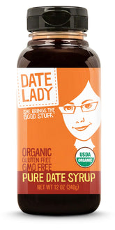 Date Lady Organic Date Syrup bottle shows natural sweetness for cooking.