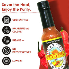 Close-up of Dave's Gourmet Ghost Pepper label highlighting authentic heat