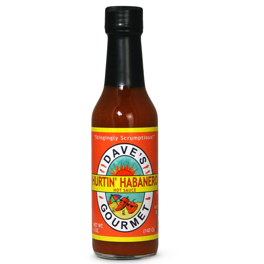 Dave's Gourmet Hurtin' Habanero sauce bottle showing balanced heat for versatile meals