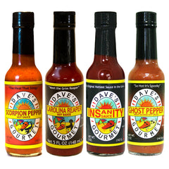 Dave’s Gourmet Insanity 4-pack label showcasing four hot sauces for bold cooking