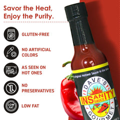 Dave’s Gourmet Insanity Ghost Pepper bottle highlighting layered heat and fruit notes