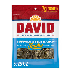 DAVID jumbo sunflower seeds in buffalo style ranch bag for on-the-go snacking.