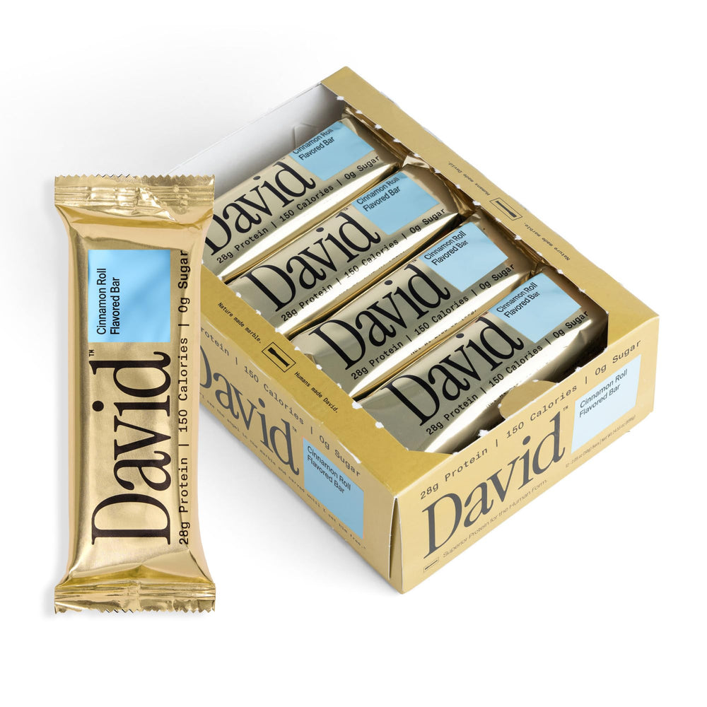 David Protein Bar Cinnamon Roll pack-12 front view, a convenient high-protein snack.
