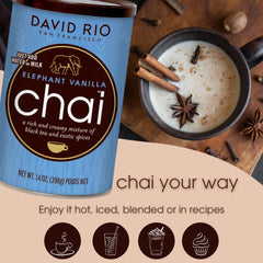 David Rio Elephant Vanilla Chai packaging-64oz emphasizes convenient dairy-free chai for food service.