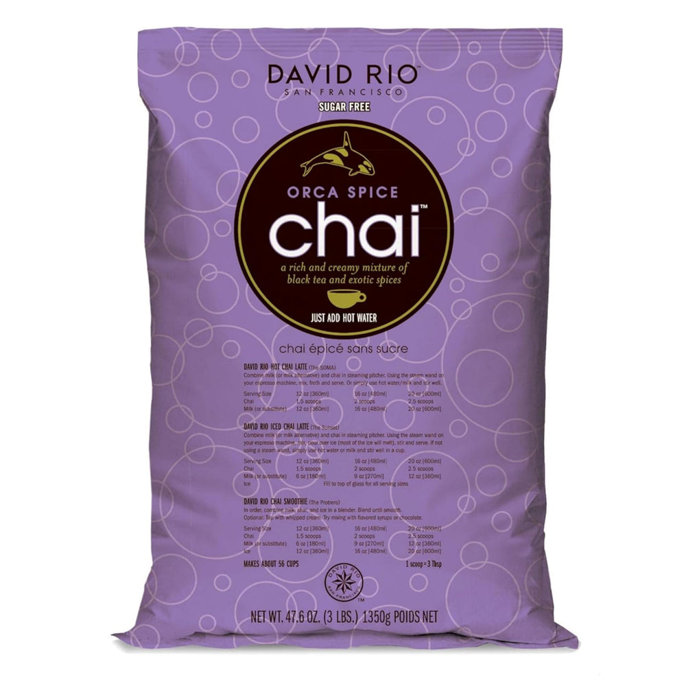 David Rio Orca Spice reduced calorie chai latte mix in a bottle, convenient for busy service.