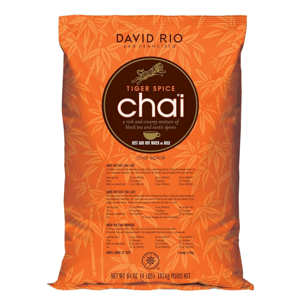David Rio Tiger Spice Chai Tea Latte Mix packaging shows a bold spice blend.