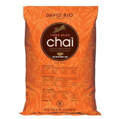 David Rio Tiger Spice Chai Tea Latte Mix packaging shows a bold spice blend.