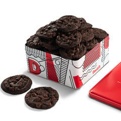 David's Cookies double chocolate chunk gift tin shows soft, fresh-baked cookies ideal for gifting.