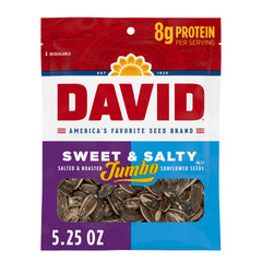David Sweet and Salty Jumbo Sunflower Seeds 12-pack front view for sharing.