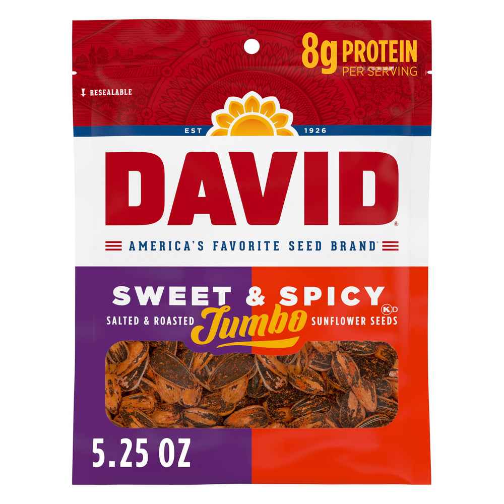 DAVID Sweet and Spicy Jumbo Sunflower Seeds front pack for grab-and-go snacking